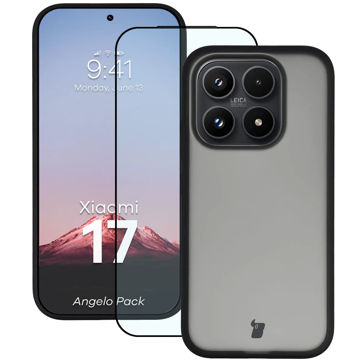 Schutzhülle + gehärtetem Glas für Xiaomi 17, Bizon Angelo Pack, Getönte mit schwarzem Rahmen