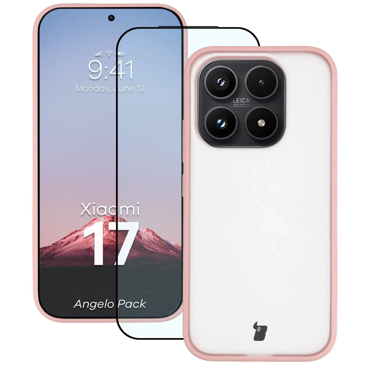Schutzhülle + gehärtetem Glas für Xiaomi 17, Bizon Angelo Pack, Semitransparent mit hellrosem Rahmen