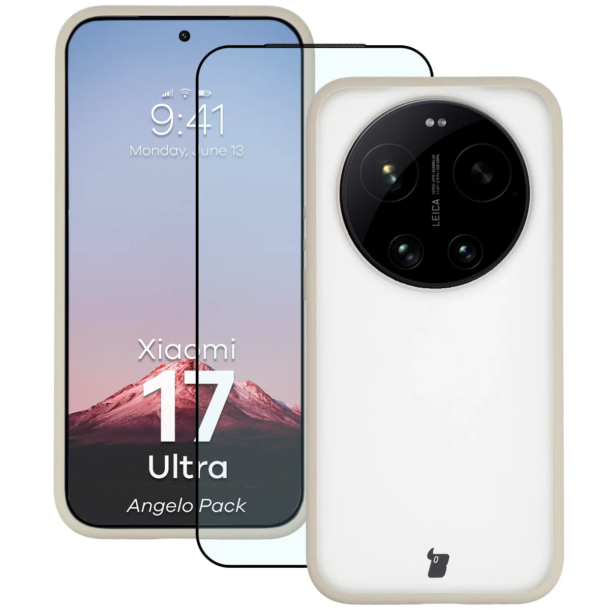 Schutzhülle + gehärtetem Glas für Xiaomi 17 Ultra, Bizon Angelo Pack, Semitransparent mit beigem Rahmen