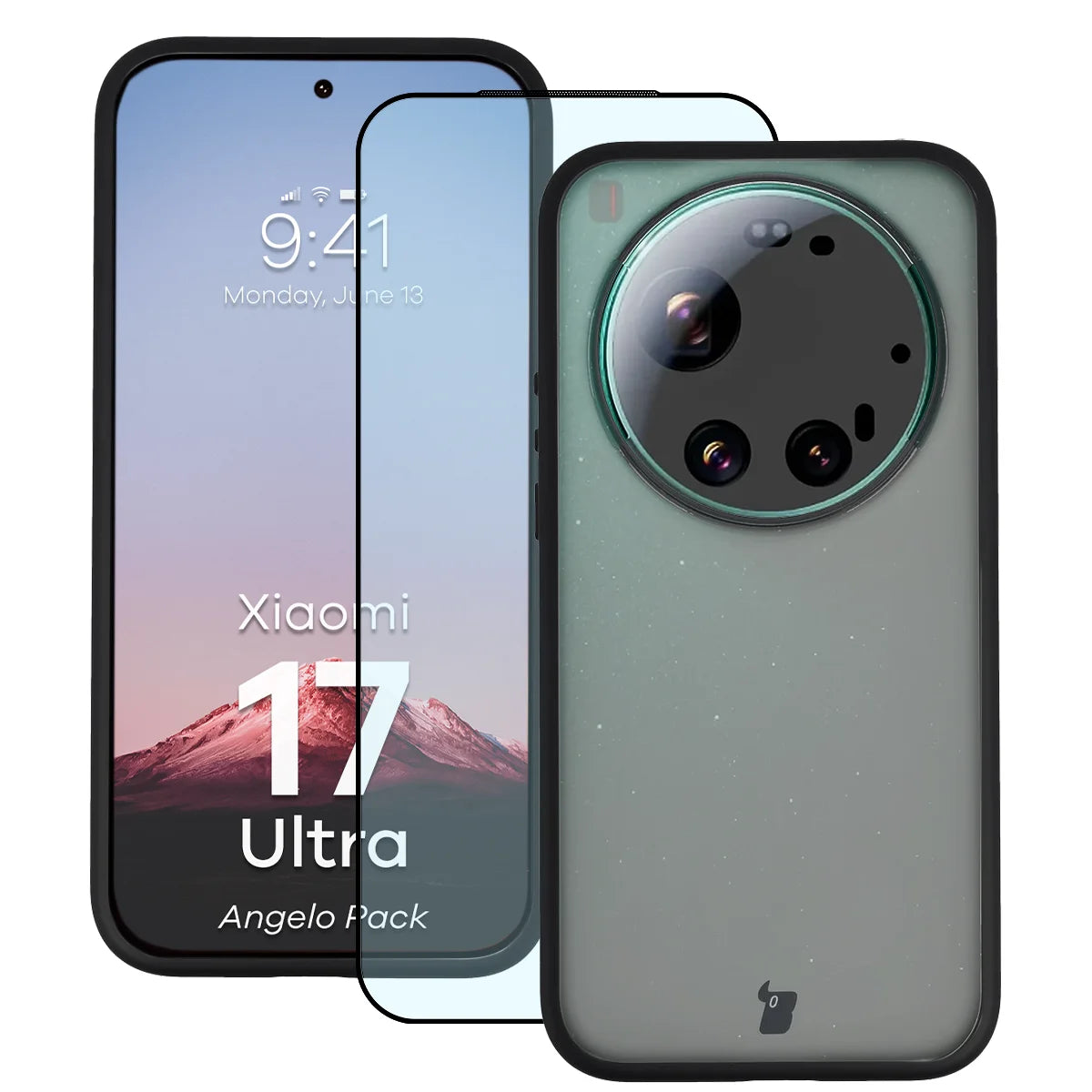 Schutzhülle + gehärtetem Glas für Xiaomi 17 Ultra, Bizon Angelo Pack, Getönte mit schwarzem Rahmen