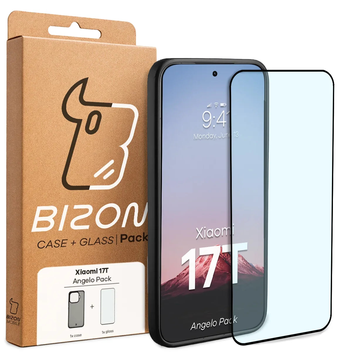 Schutzhülle + gehärtetem Glas für Xiaomi 17T, Bizon Angelo Pack, Getönte mit schwarzem Rahmen