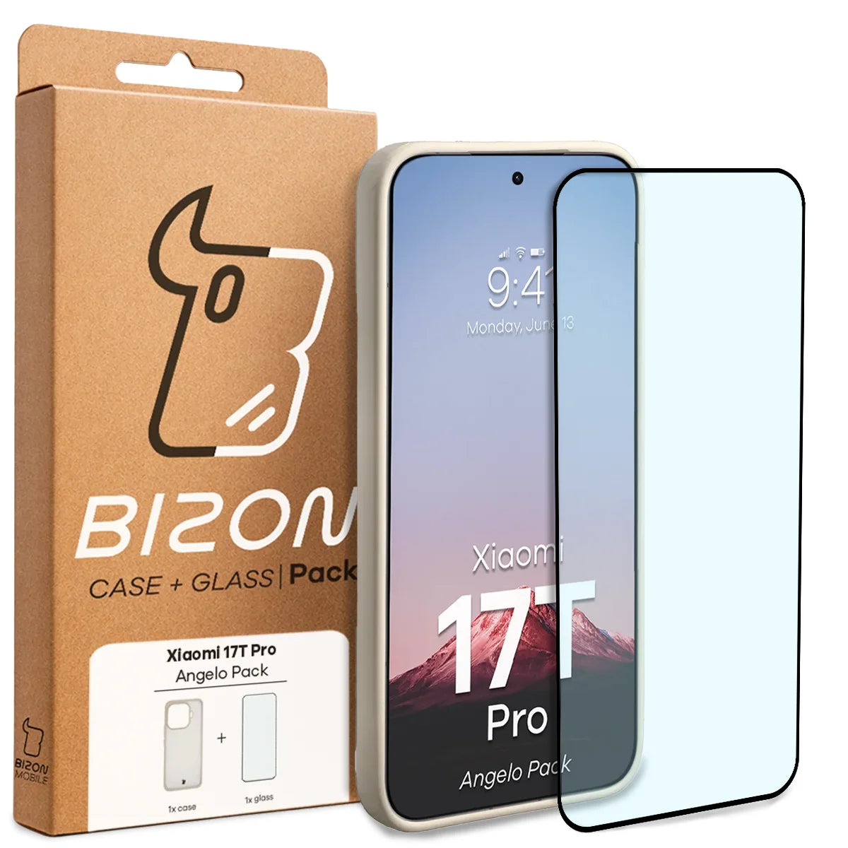 Schutzhülle + gehärtetem Glas für Xiaomi 17T Pro, Bizon Angelo Pack, Semitransparent mit beigem Rahmen