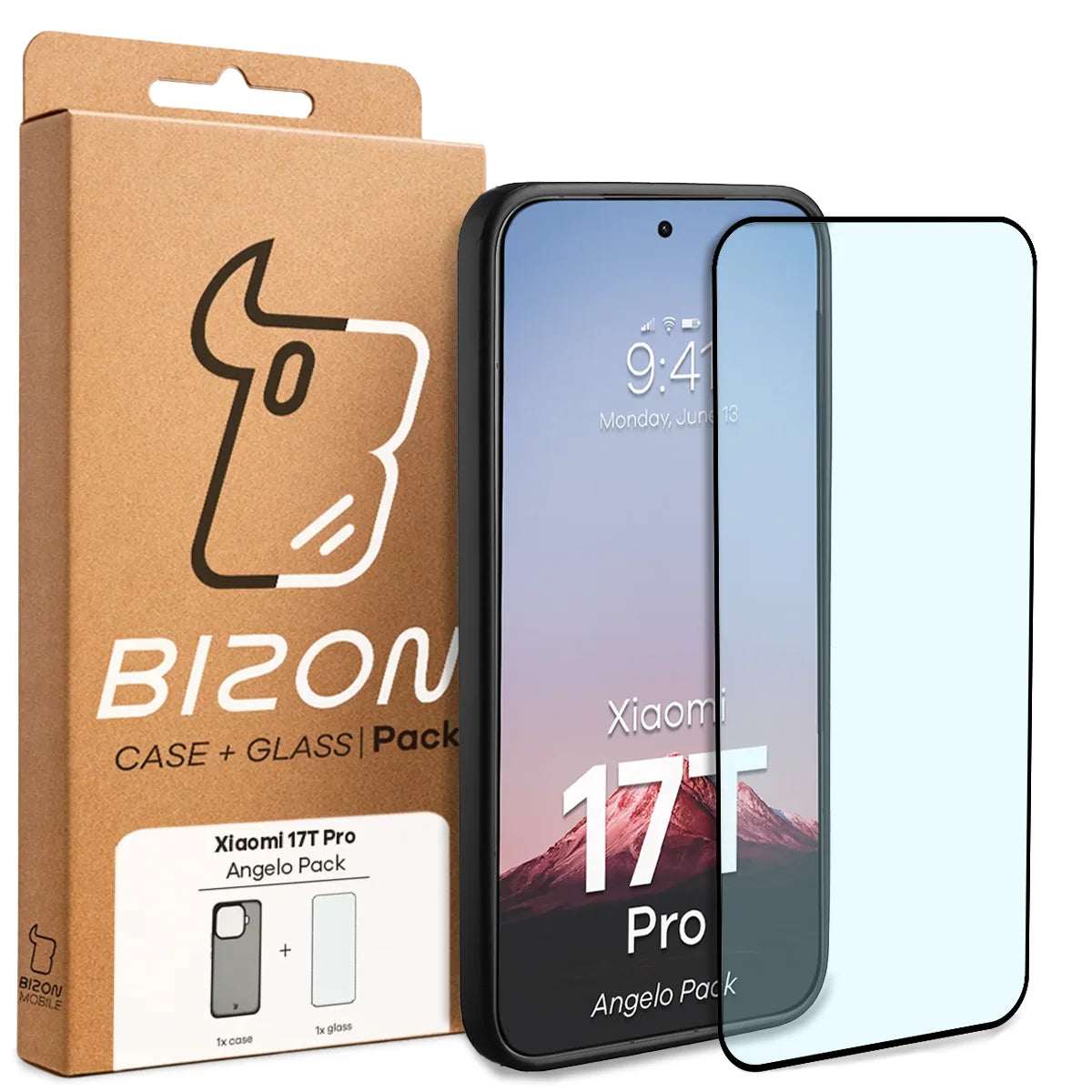 Schutzhülle + gehärtetem Glas für Xiaomi 17T Pro, Bizon Angelo Pack, Getönte mit schwarzem Rahmen
