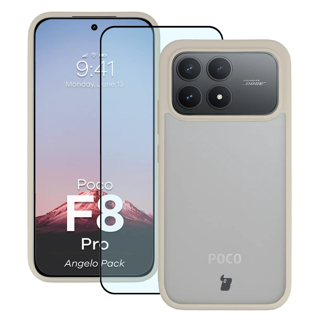 Schutzhülle + gehärtetem Glas für Xiaomi POCO F8 Pro, Bizon Angelo Pack, Semitransparent mit beigem Rahmen