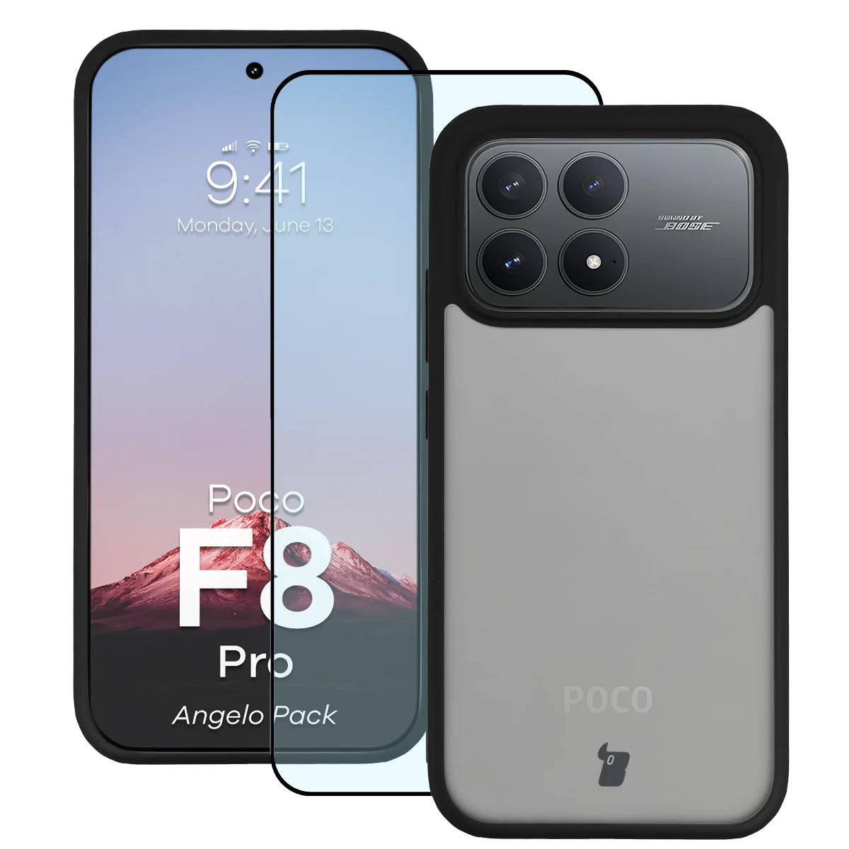 Schutzhülle + gehärtetem Glas für Xiaomi POCO F8 Pro, Bizon Angelo Pack, Getönte mit schwarzem Rahmen