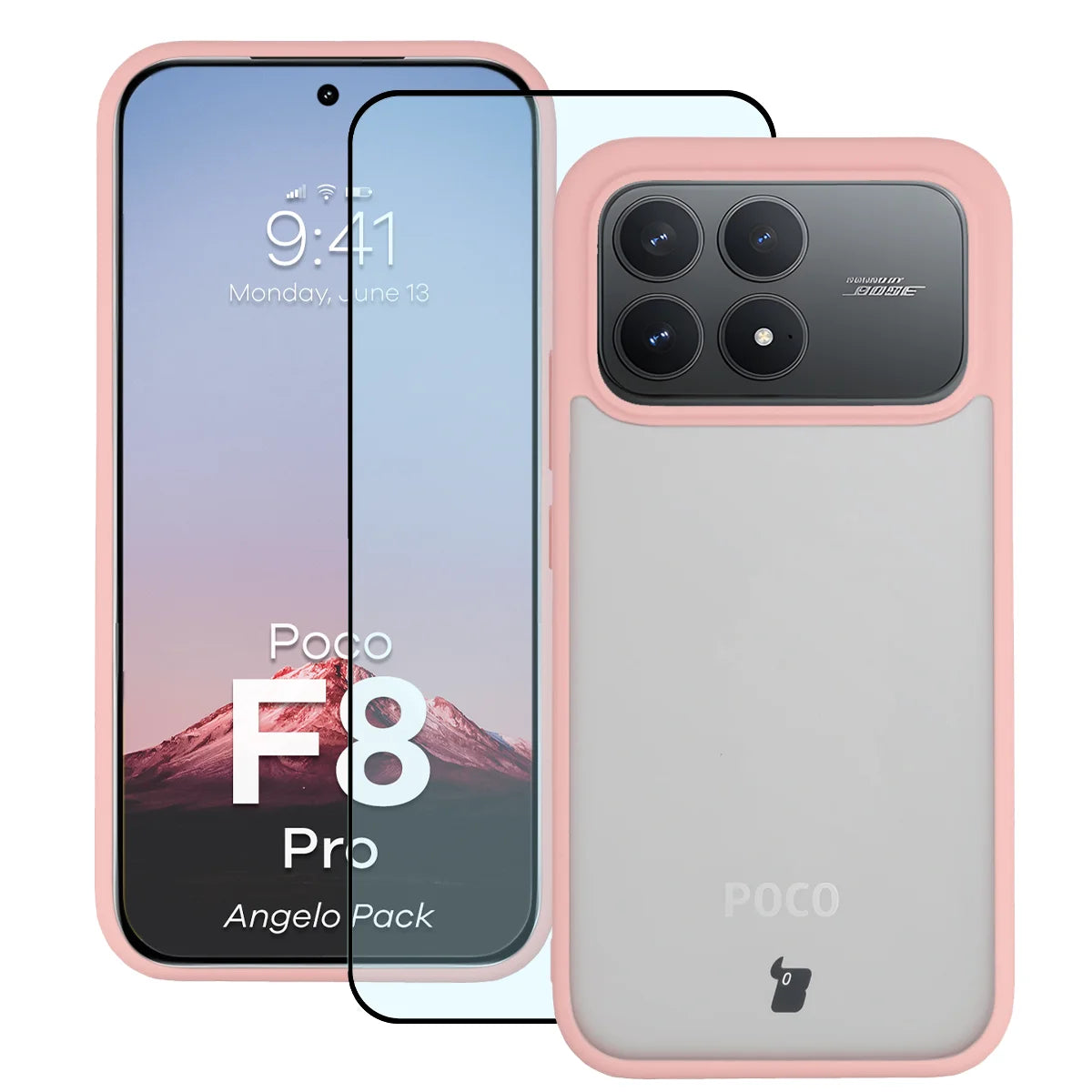 Schutzhülle + gehärtetem Glas für Xiaomi POCO F8 Pro, Bizon Angelo Pack, Semitransparent mit hellrosem Rahmen