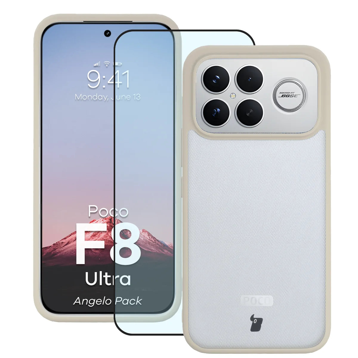 Schutzhülle + gehärtetem Glas für Xiaomi POCO F8 Ultra, Bizon Angelo Pack, Semitransparent mit beigem Rahmen