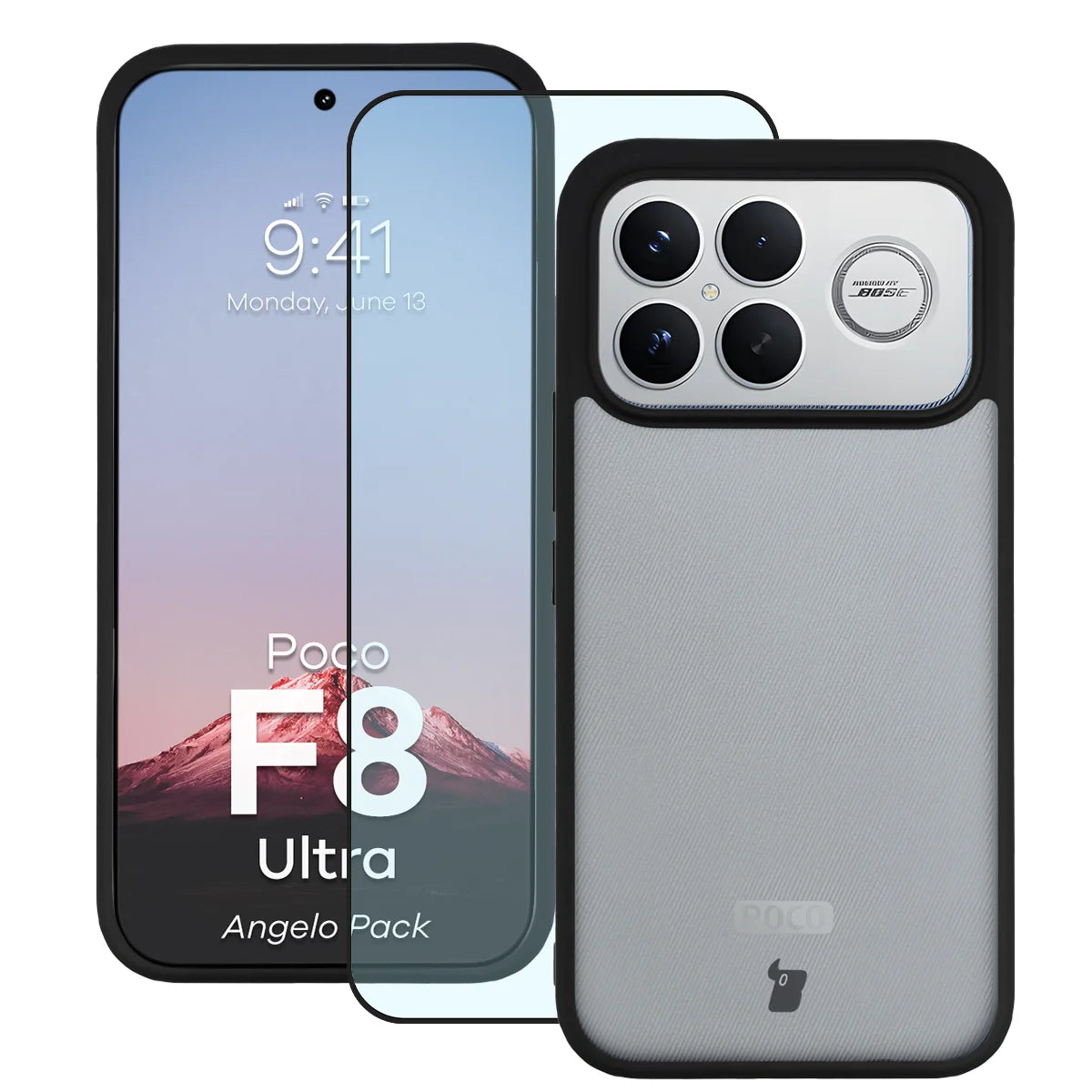 Schutzhülle + gehärtetem Glas für Xiaomi POCO F8 Ultra, Bizon Angelo Pack, Getönte mit schwarzem Rahmen