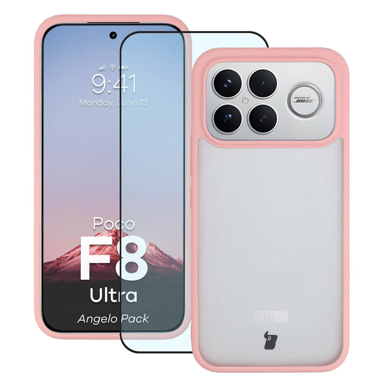 Schutzhülle + gehärtetem Glas für Xiaomi POCO F8 Ultra, Bizon Angelo Pack, Semitransparent mit hellrosem Rahmen