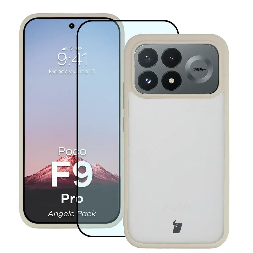 Schutzhülle + gehärtetem Glas für Xiaomi POCO F9 Pro, Bizon Angelo Pack, Semitransparent mit beigem Rahmen (1/8)