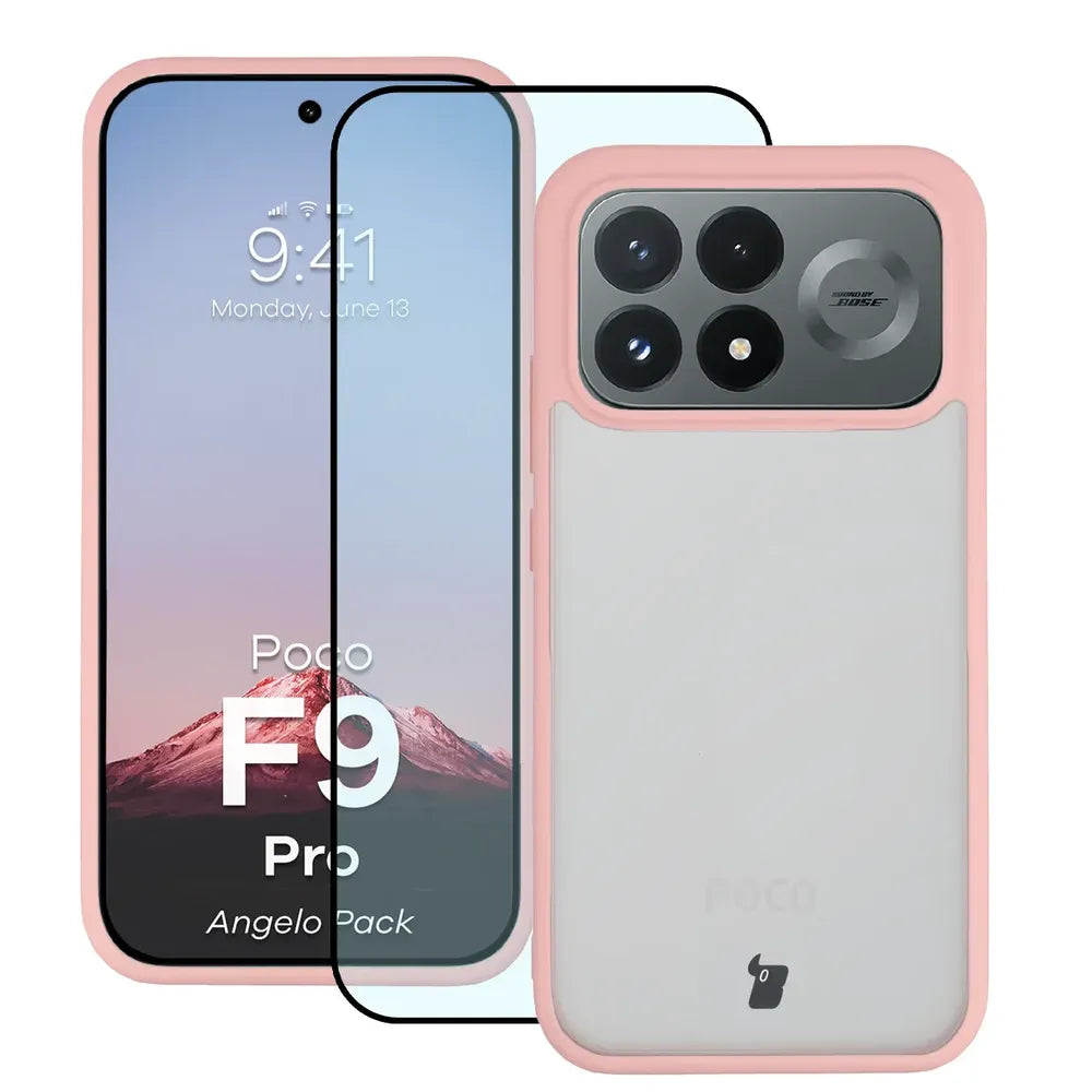 Schutzhülle + gehärtetem Glas für Xiaomi POCO F9 Pro, Bizon Angelo Pack, Semitransparent mit hellrosem Rahmen (1/8)