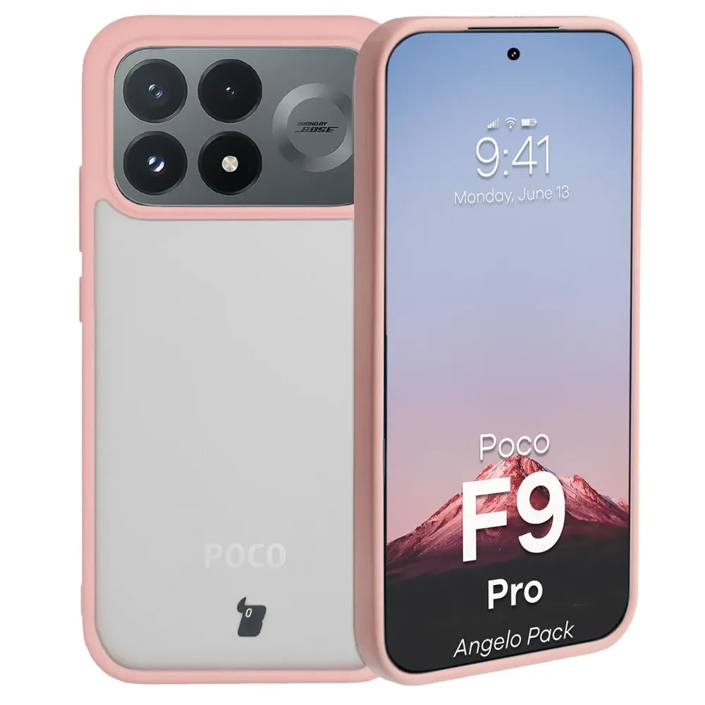 Schutzhülle + gehärtetem Glas für Xiaomi POCO F9 Pro, Bizon Angelo Pack, Semitransparent mit hellrosem Rahmen (3/8)