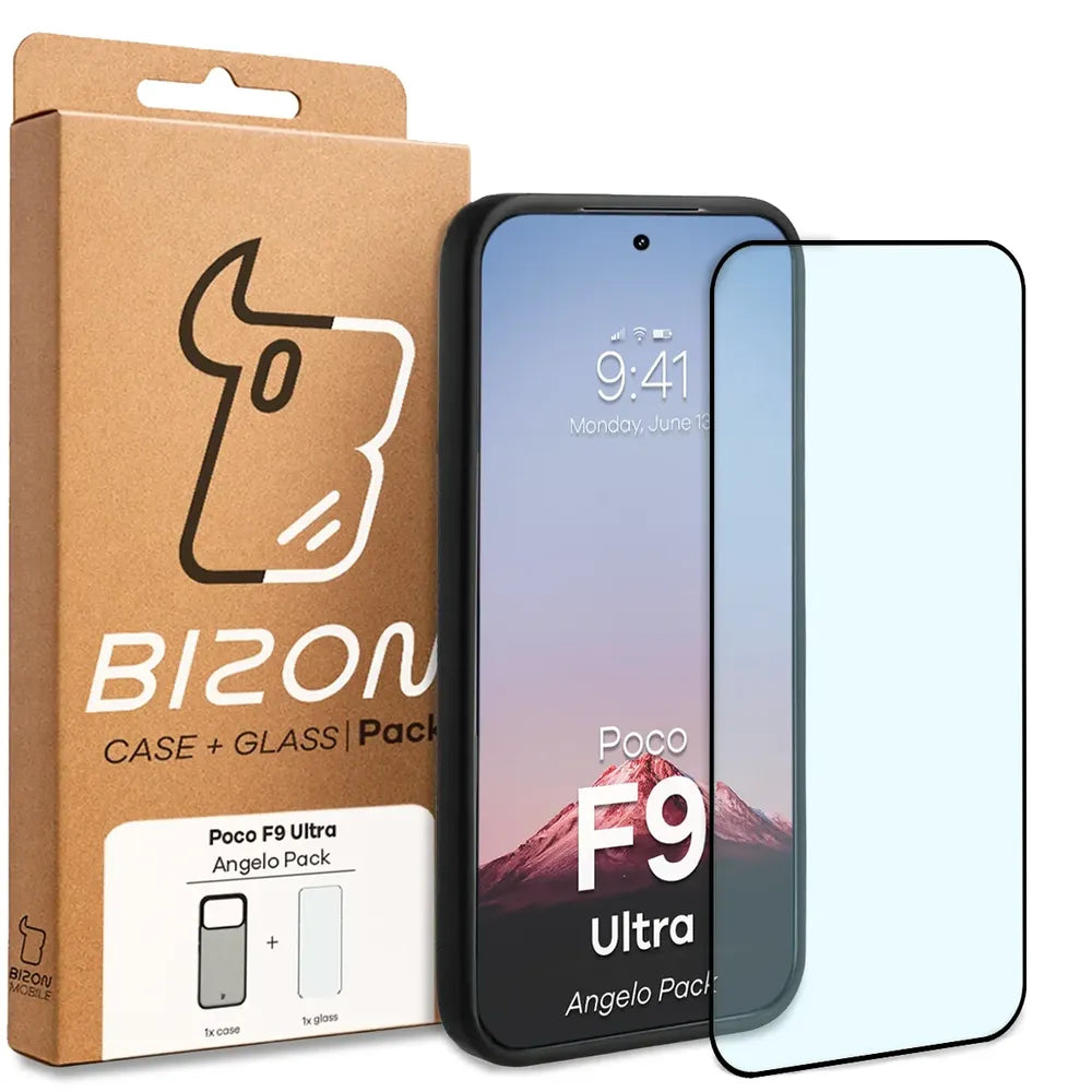 Schutzhülle + gehärtetem Glas für Xiaomi POCO F9 Ultra, Bizon Angelo Pack, Getönte mit schwarzem Rahmen (8/8)