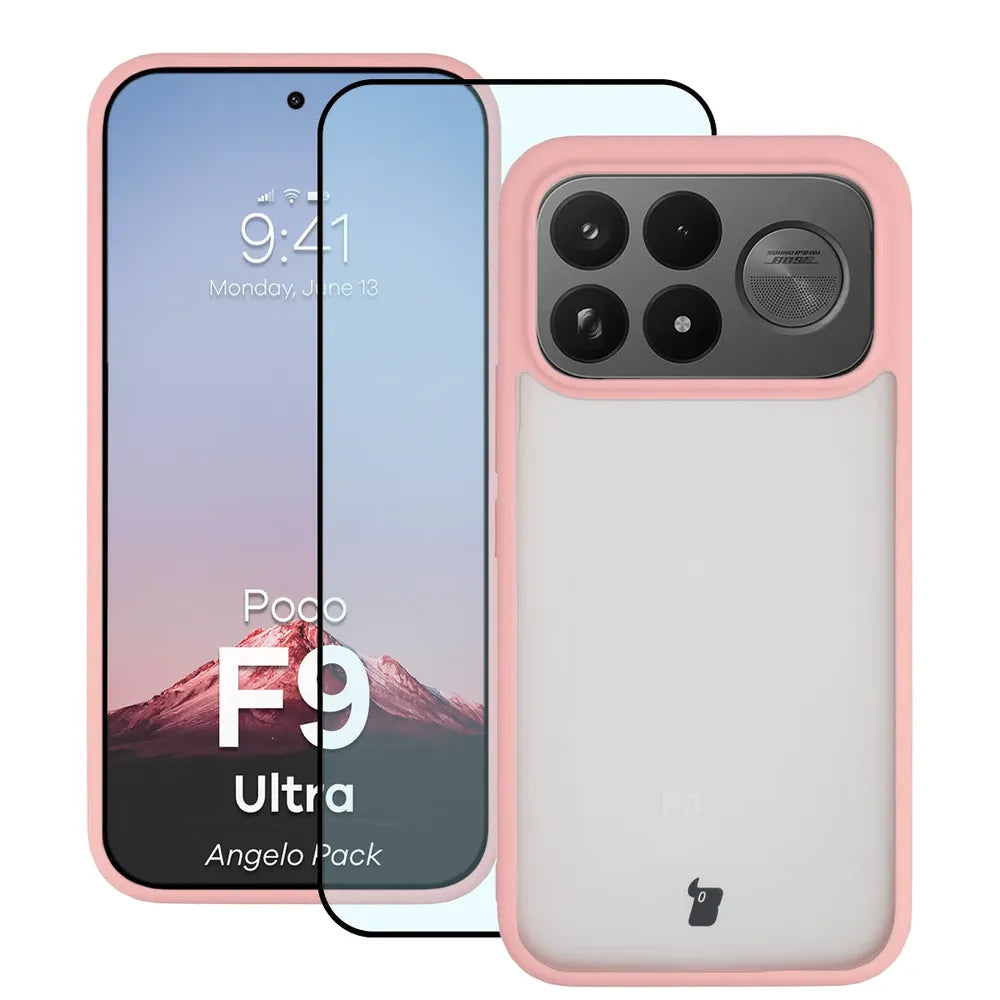 Schutzhülle + gehärtetem Glas für Xiaomi POCO F9 Ultra, Bizon Angelo Pack, Semitransparent mit hellrosem Rahmen (1/8)