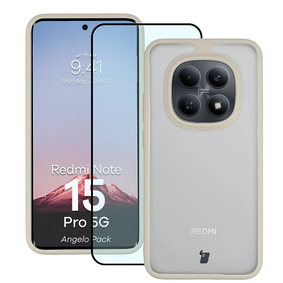 Schutzhülle + gehärtetem Glas für Xiaomi Redmi Note 15 Pro 5G, Bizon Angelo Pack, Semitransparent mit beigem Rahmen