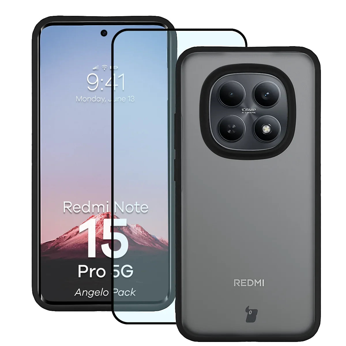 Schutzhülle + gehärtetem Glas für Xiaomi Redmi Note 15 Pro 5G, Bizon Angelo Pack, Getönte mit schwarzem Rahmen