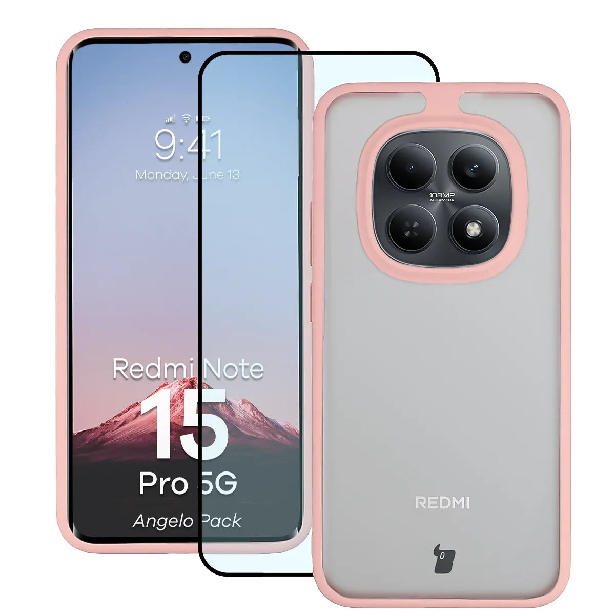 Schutzhülle + gehärtetem Glas für Xiaomi Redmi Note 15 Pro 5G, Bizon Angelo Pack, Semitransparent mit hellrosem Rahmen