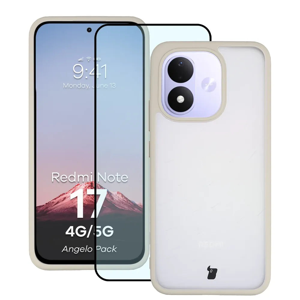 Schutzhülle + gehärtetem Glas für Xiaomi Redmi Note 17 4G/5G, Bizon Angelo Pack, Semitransparent mit beigem Rahmen (1/7)