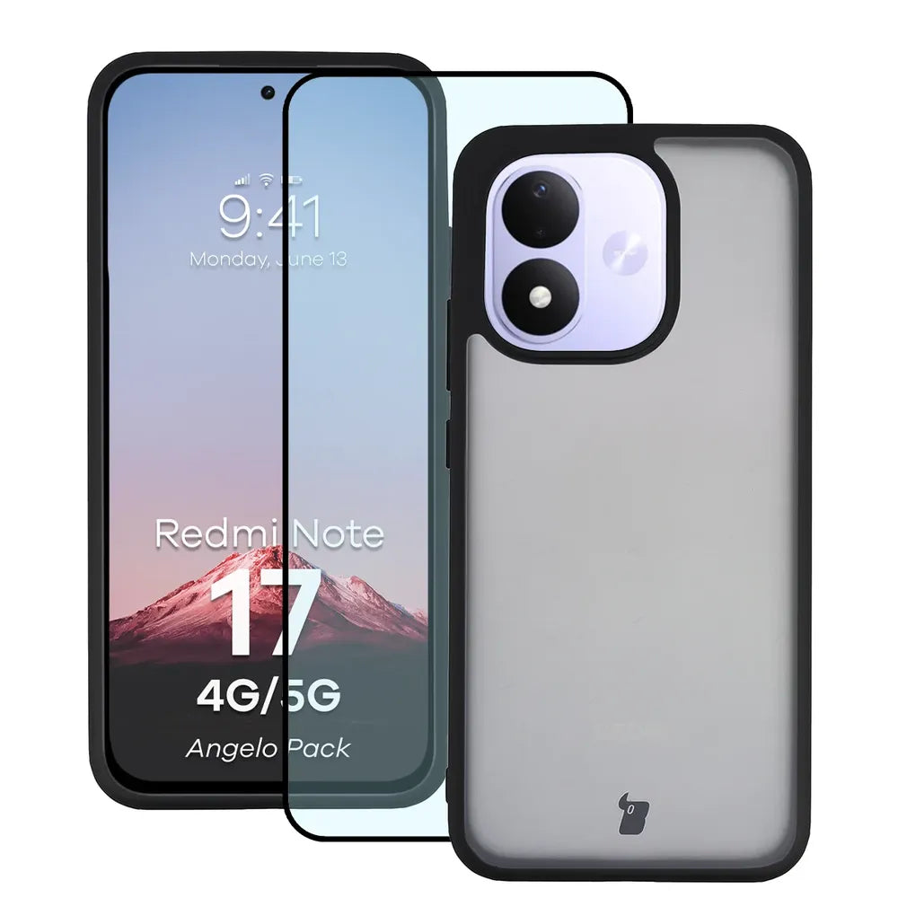 Schutzhülle + gehärtetem Glas für Xiaomi Redmi Note 17 4G/5G, Bizon Angelo Pack, Getönte mit schwarzem Rahmen (1/7)