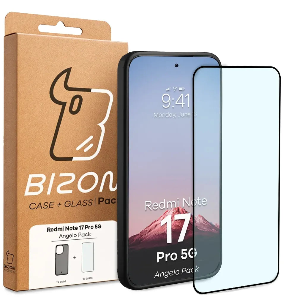 Schutzhülle + gehärtetem Glas für Xiaomi Redmi Note 17 Pro 5G, Bizon Angelo Pack, Getönte mit schwarzem Rahmen (7/7)