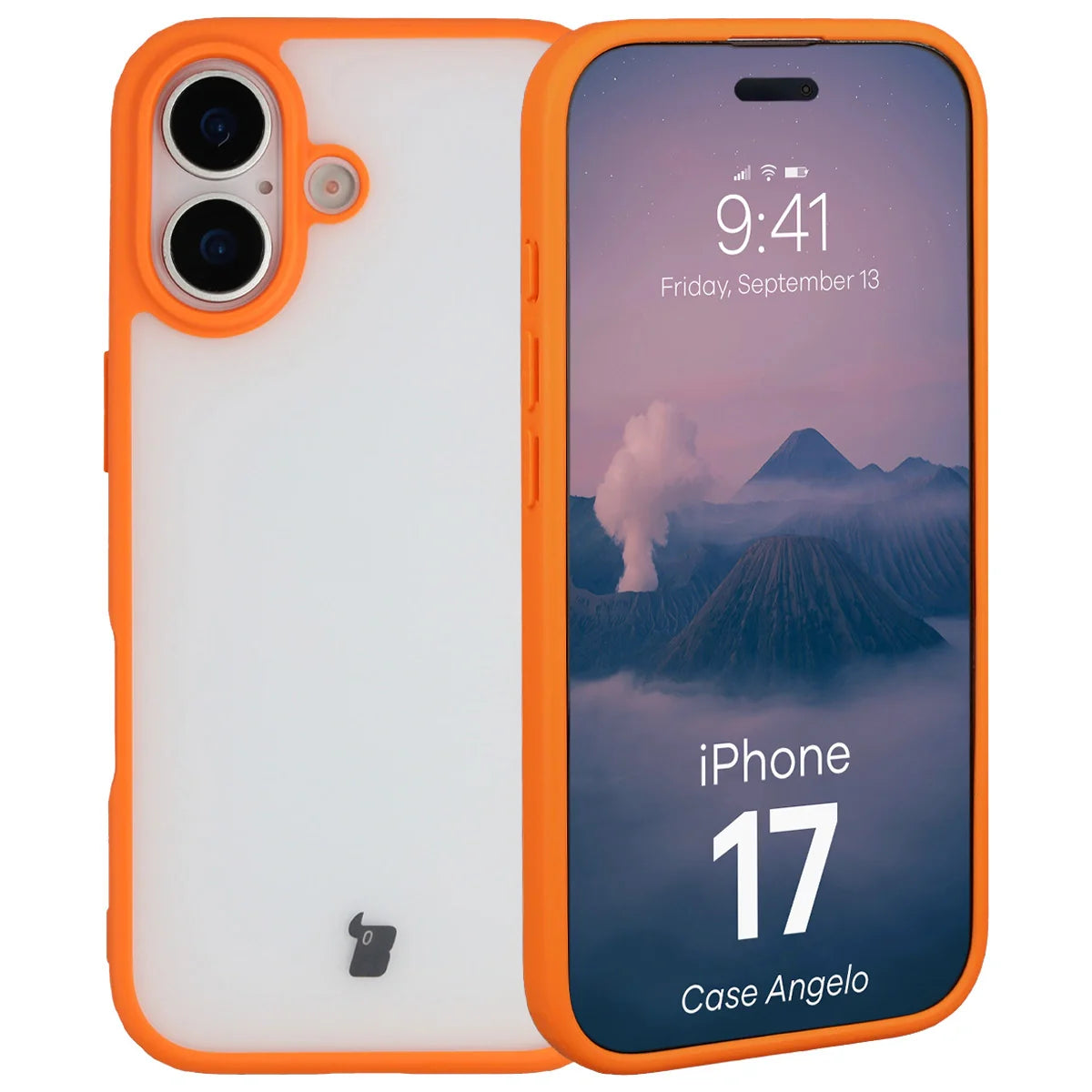 Handyhülle für iPhone 17, Bizon Case Angelo, Semitransparent mit orangefarbenem Rahmen