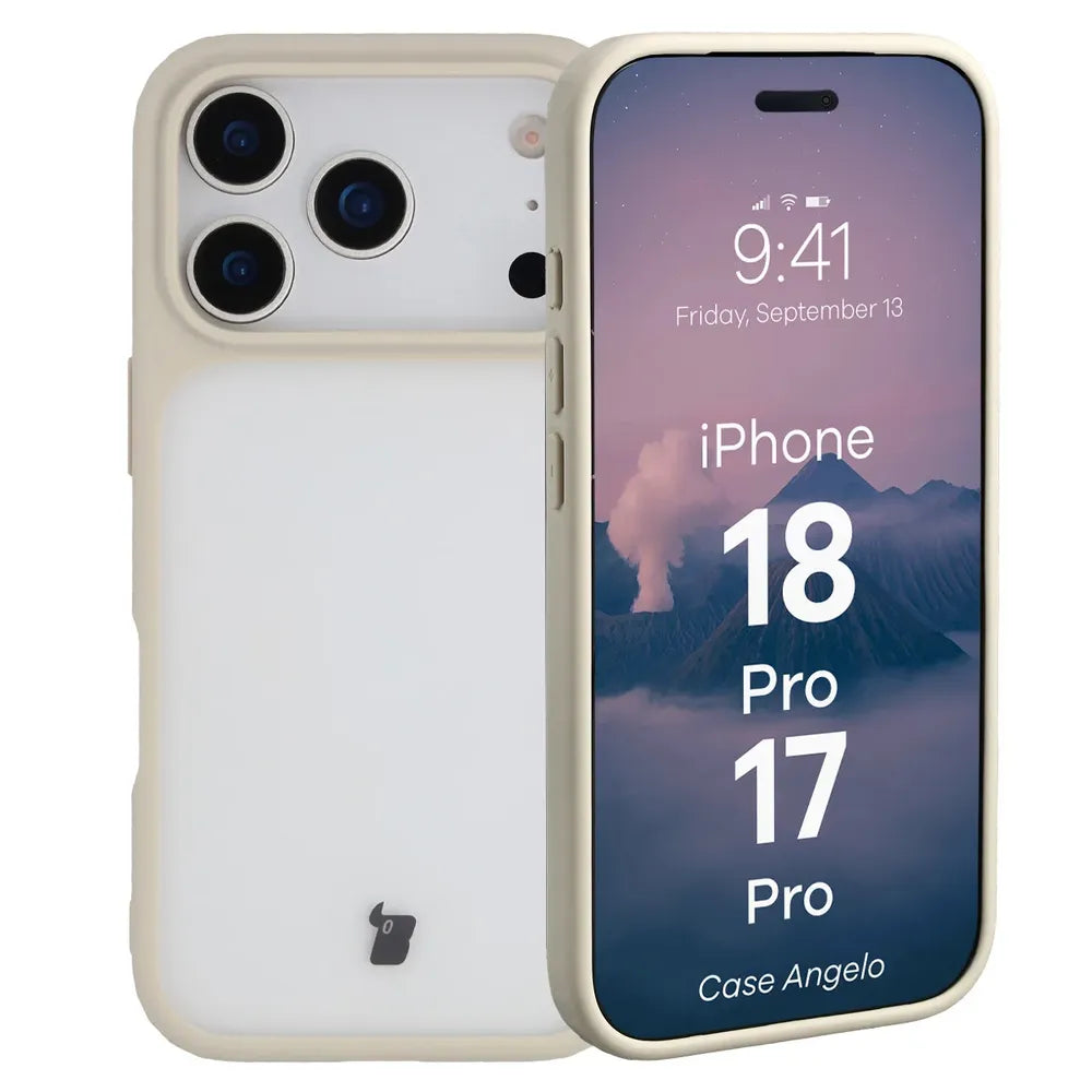 Handyhülle für iPhone 18 Pro / 17 Pro, Bizon Case Angelo, Semitransparent mit beigem Rahmen (1/6)