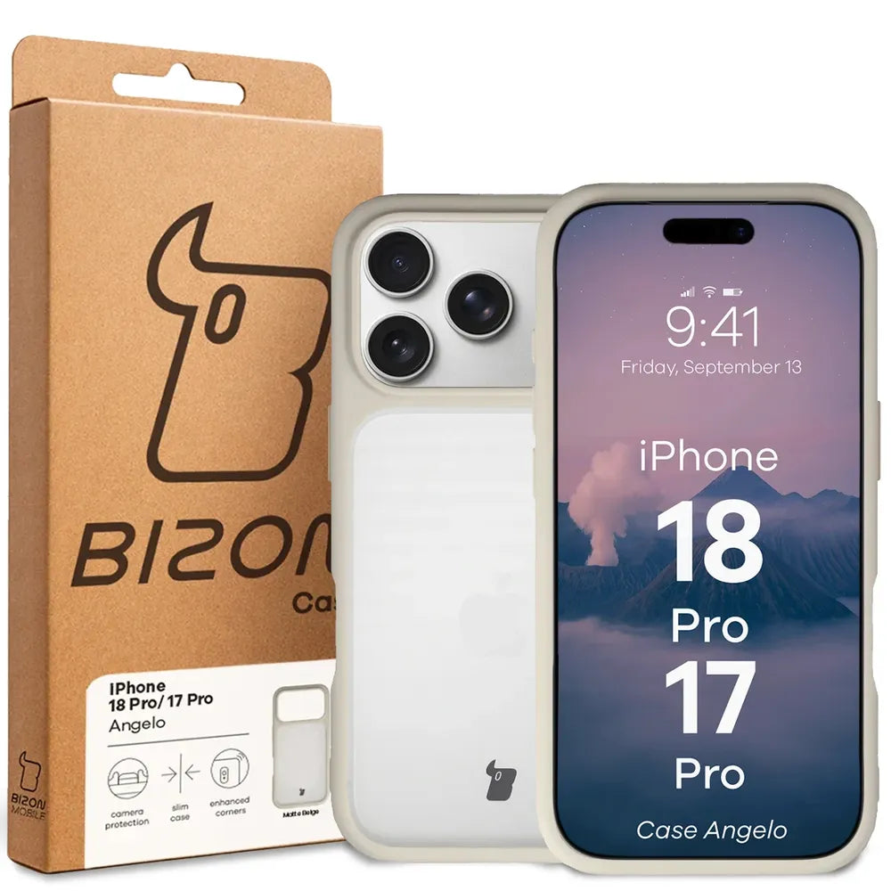 Handyhülle für iPhone 18 Pro / 17 Pro, Bizon Case Angelo, Semitransparent mit beigem Rahmen (6/6)