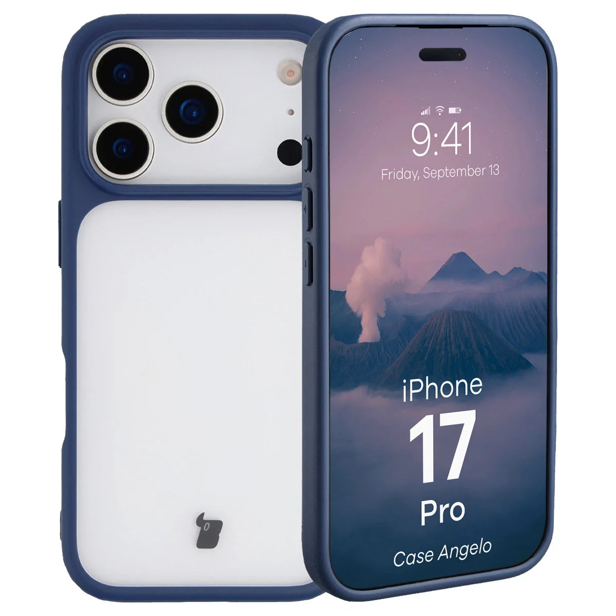 Handyhülle für iPhone 17 Pro, Bizon Case Angelo, Semitransparent mit dunkelblauem Rahmen