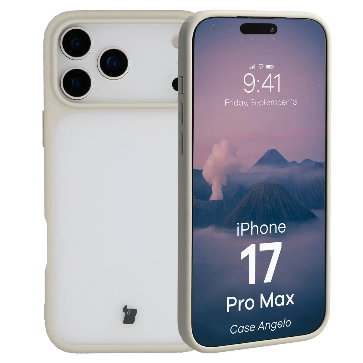 Handyhülle für iPhone 17 Pro Max, Bizon Case Angelo, Semitransparent mit beigem Rahmen