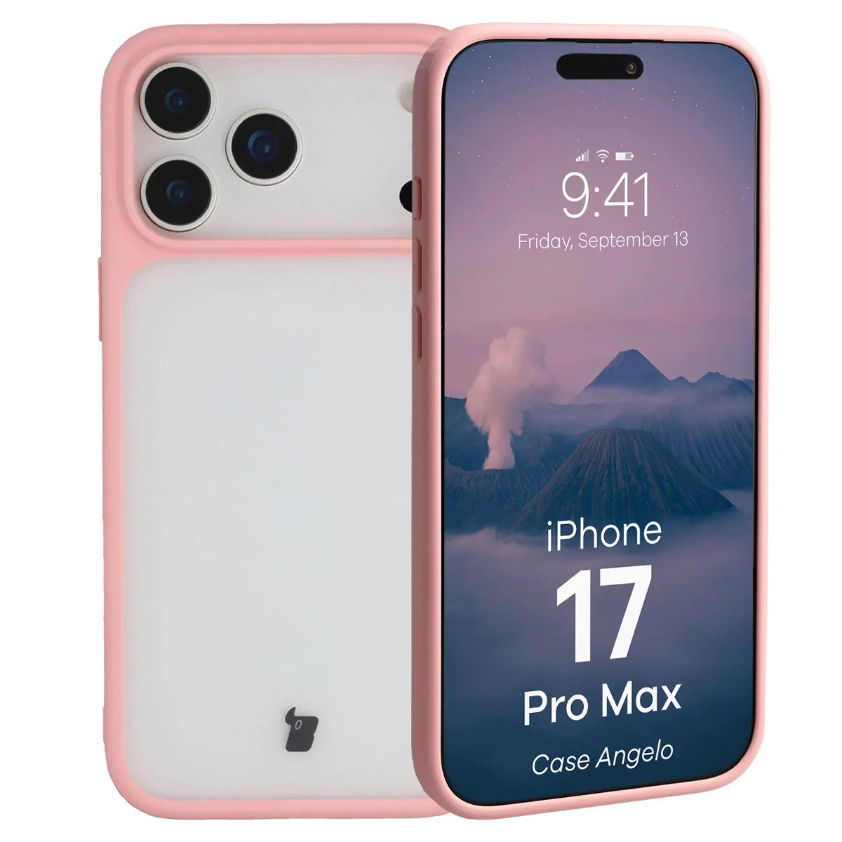 Handyhülle für iPhone 17 Pro Max, Bizon Case Angelo, Semitransparent mit hellrosa Rahmen