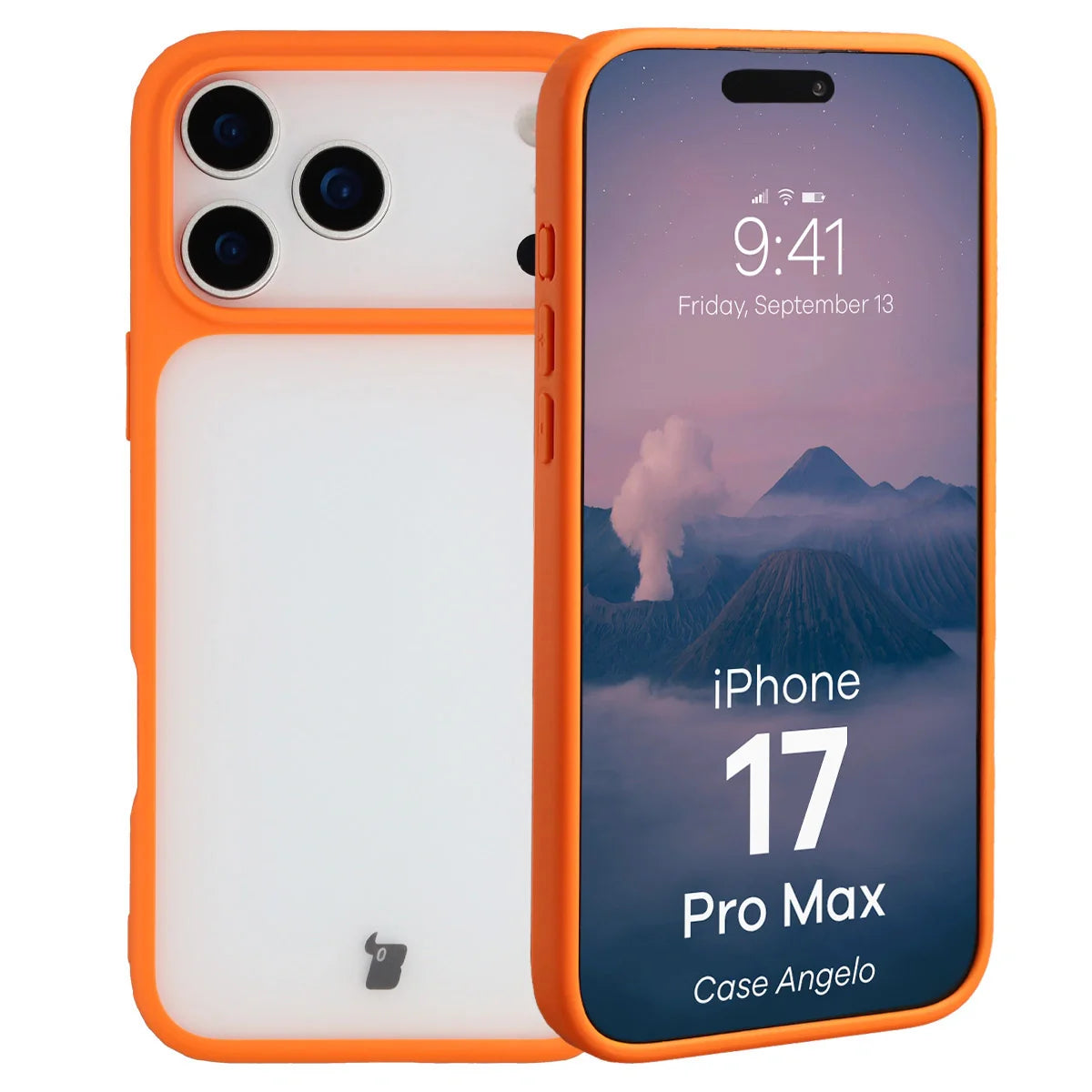 Handyhülle für iPhone 17 Pro Max, Bizon Case Angelo, Semitransparent mit orangefarbenem Rahmen