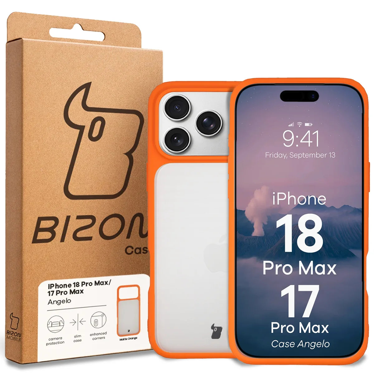 Handyhülle für iPhone 18 Pro Max / 17 Pro Max, Bizon Case Angelo, Semitransparent mit orangefarbenem Rahmen (6/6)