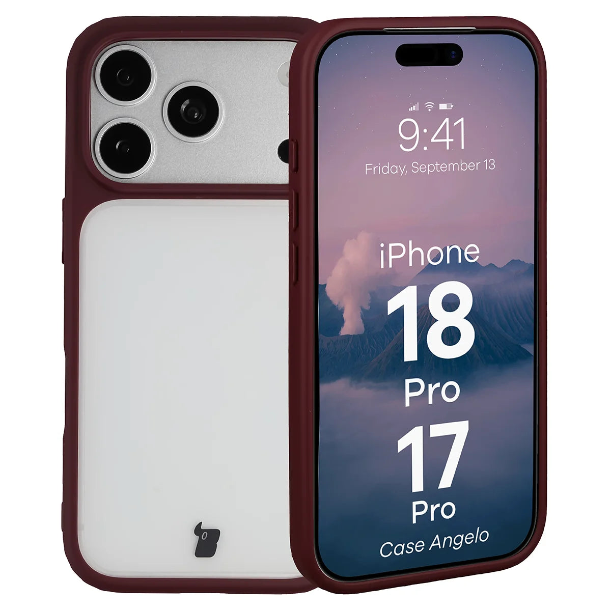 Handyhülle für iPhone 18 Pro / 17 Pro, Bizon Case Angelo, Semitransparent mit burgunderrotem Rahmen (1/6)