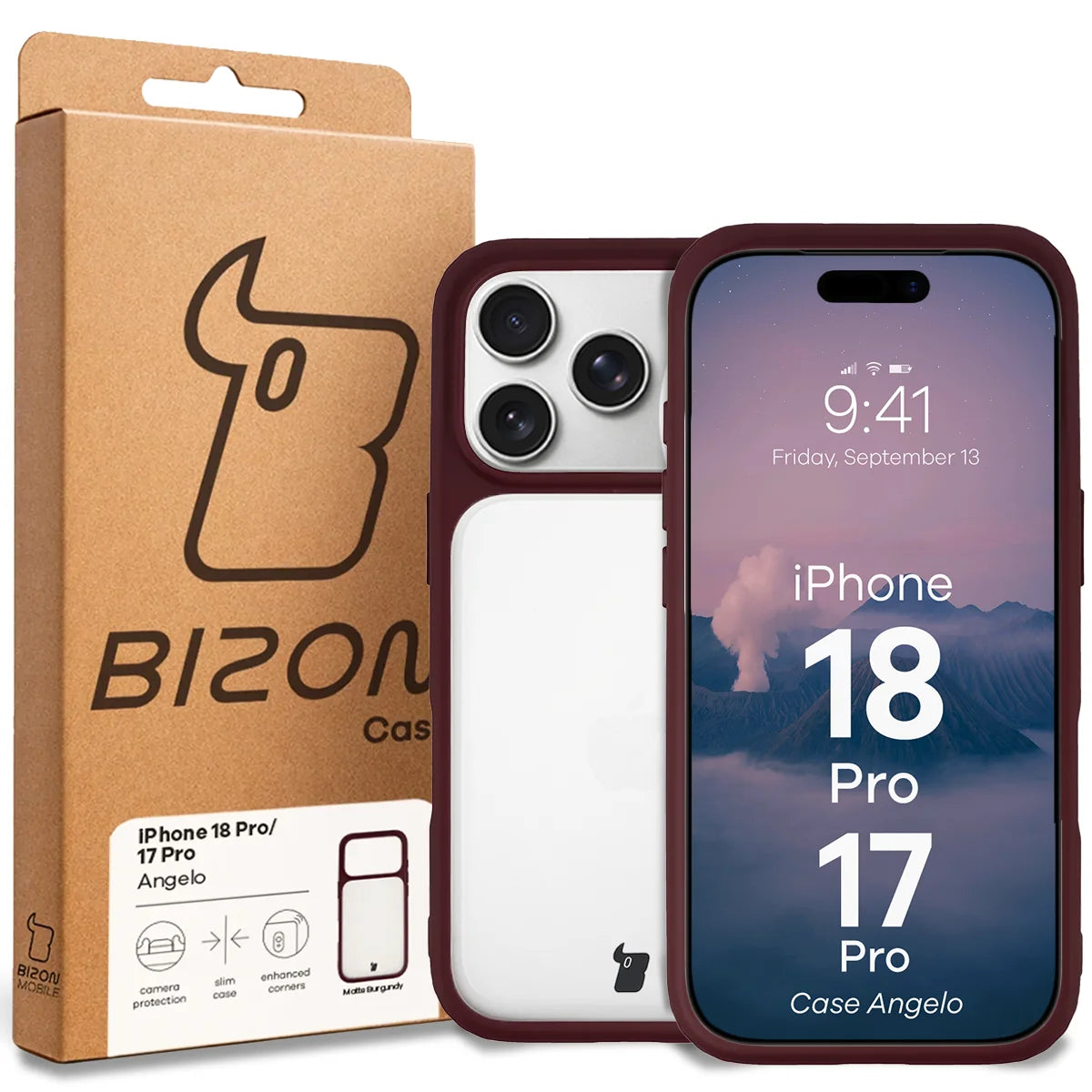 Handyhülle für iPhone 18 Pro / 17 Pro, Bizon Case Angelo, Semitransparent mit burgunderrotem Rahmen (6/6)