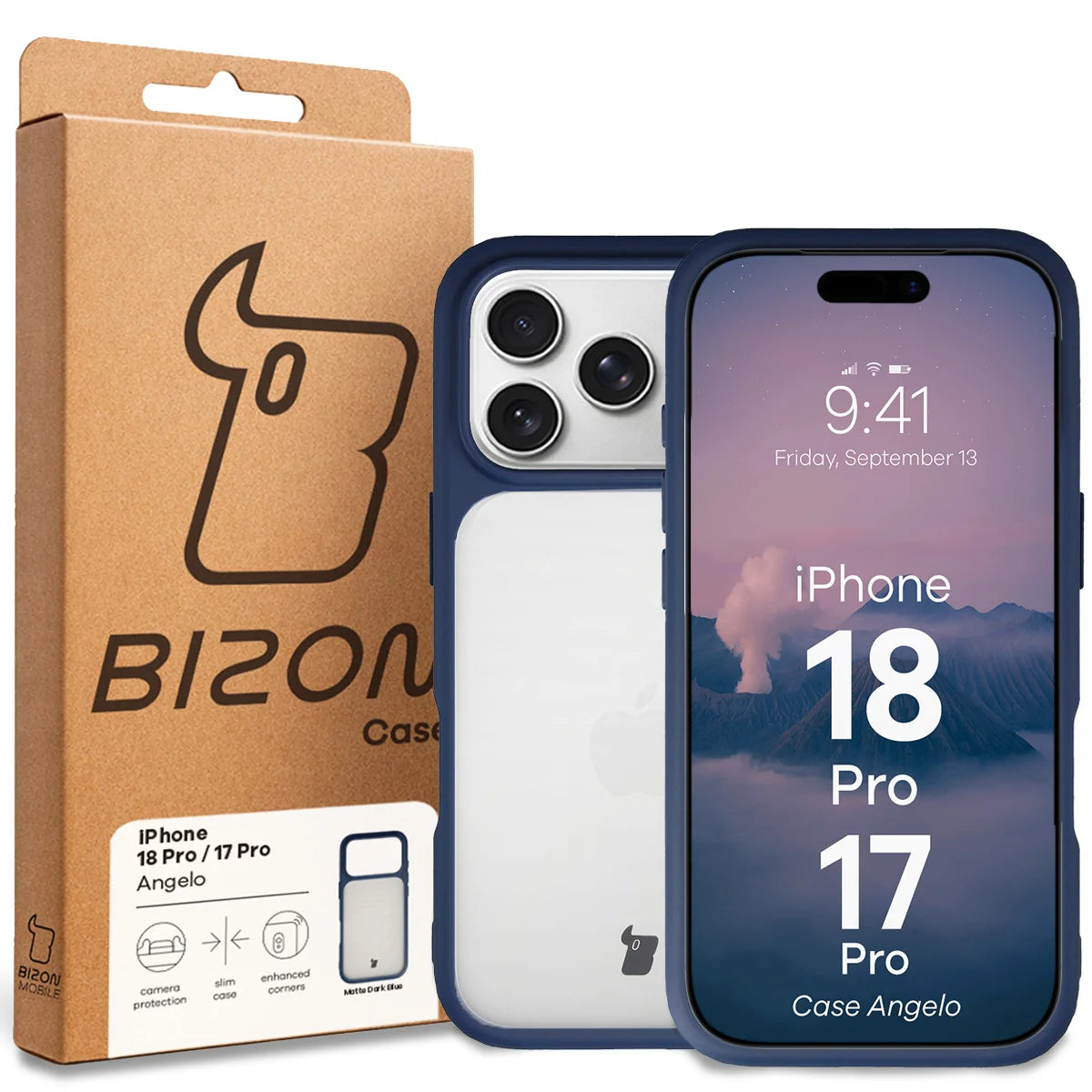 Handyhülle für iPhone 18 Pro / 17 Pro, Bizon Case Angelo, Semitransparent mit dunkelblauem Rahmen (6/6)