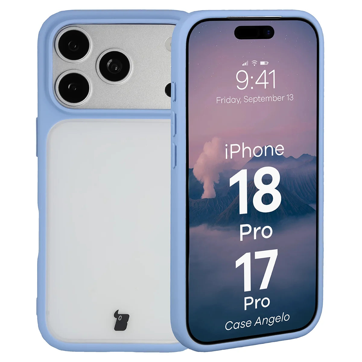 Handyhülle für iPhone 18 Pro / 17 Pro, Bizon Case Angelo, Semitransparent mit hellblauem Rahmen (1/6)
