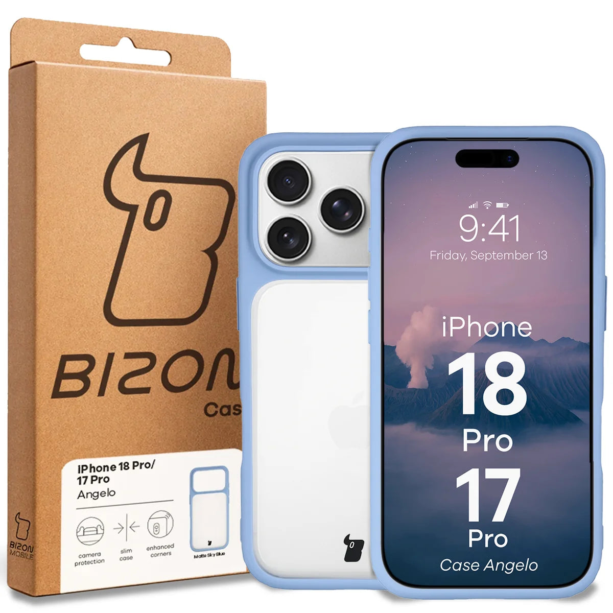 Handyhülle für iPhone 18 Pro / 17 Pro, Bizon Case Angelo, Semitransparent mit hellblauem Rahmen (6/6)