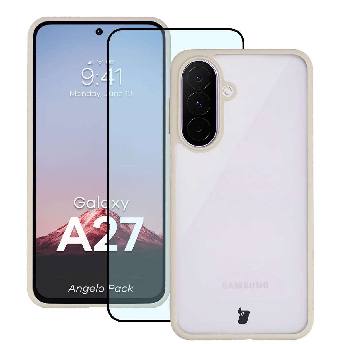 Schutzhülle + gehärtetem Glas für Galaxy A27 5G, Bizon Angelo Pack, Semitransparent mit beigem Rahmen