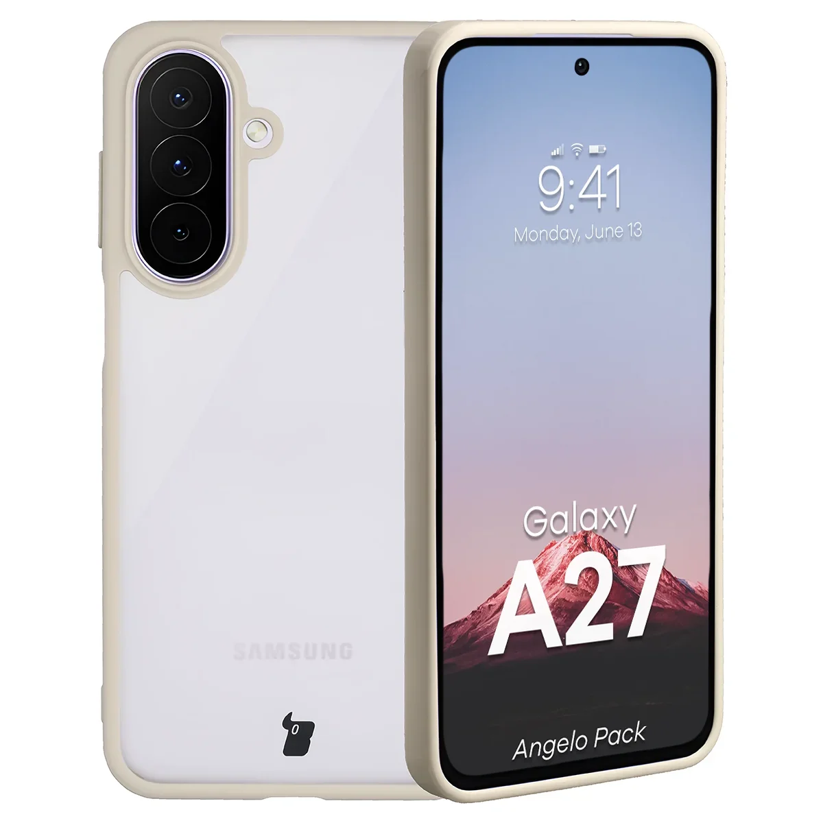Schutzhülle + gehärtetem Glas für Galaxy A27 5G, Bizon Angelo Pack, Semitransparent mit beigem Rahmen