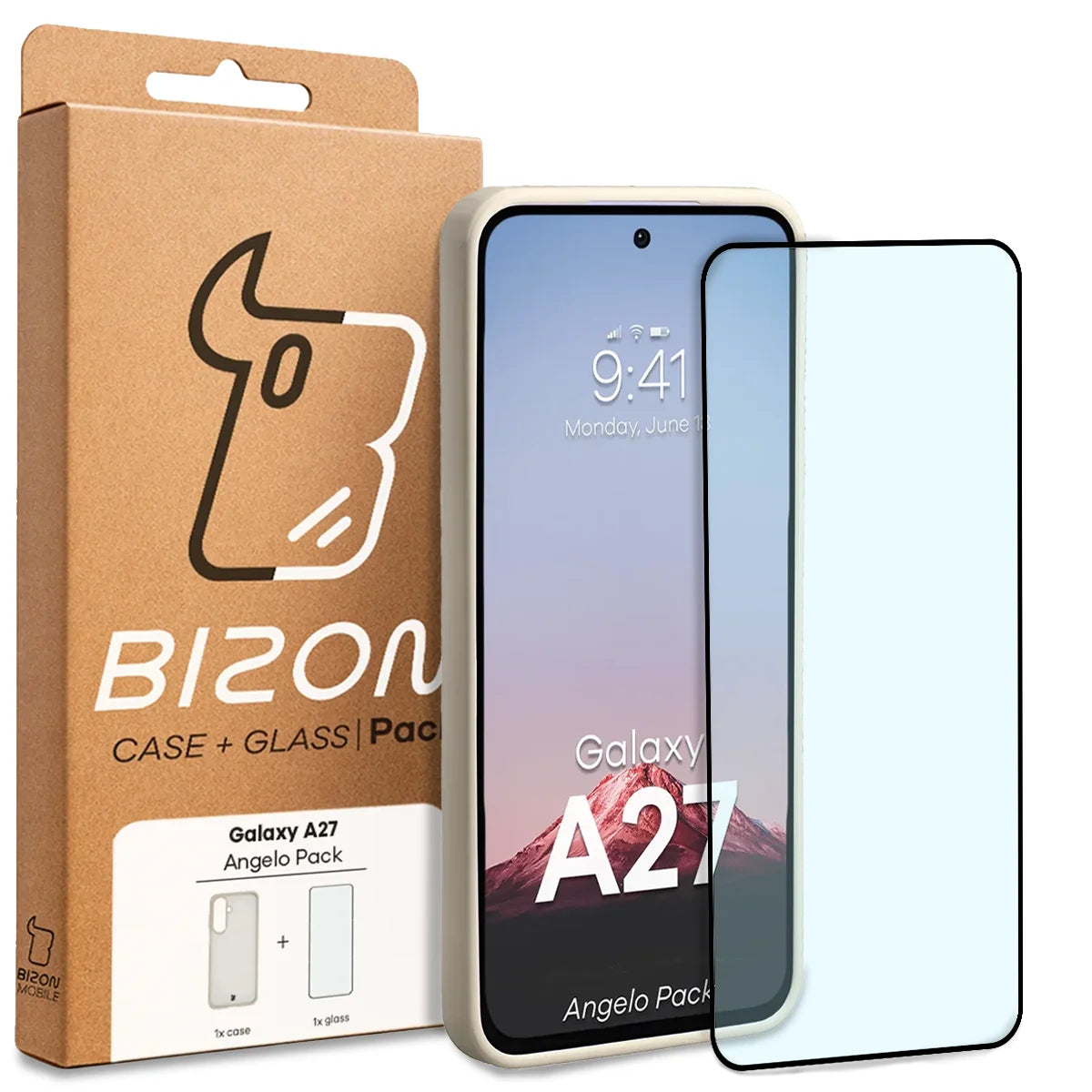 Schutzhülle + gehärtetem Glas für Galaxy A27 5G, Bizon Angelo Pack, Semitransparent mit beigem Rahmen