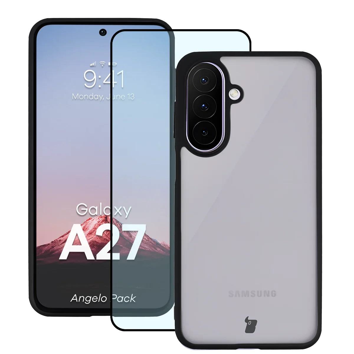Schutzhülle + gehärtetem Glas für Galaxy A27 5G, Bizon Angelo Pack, Getönte mit schwarzem Rahmen