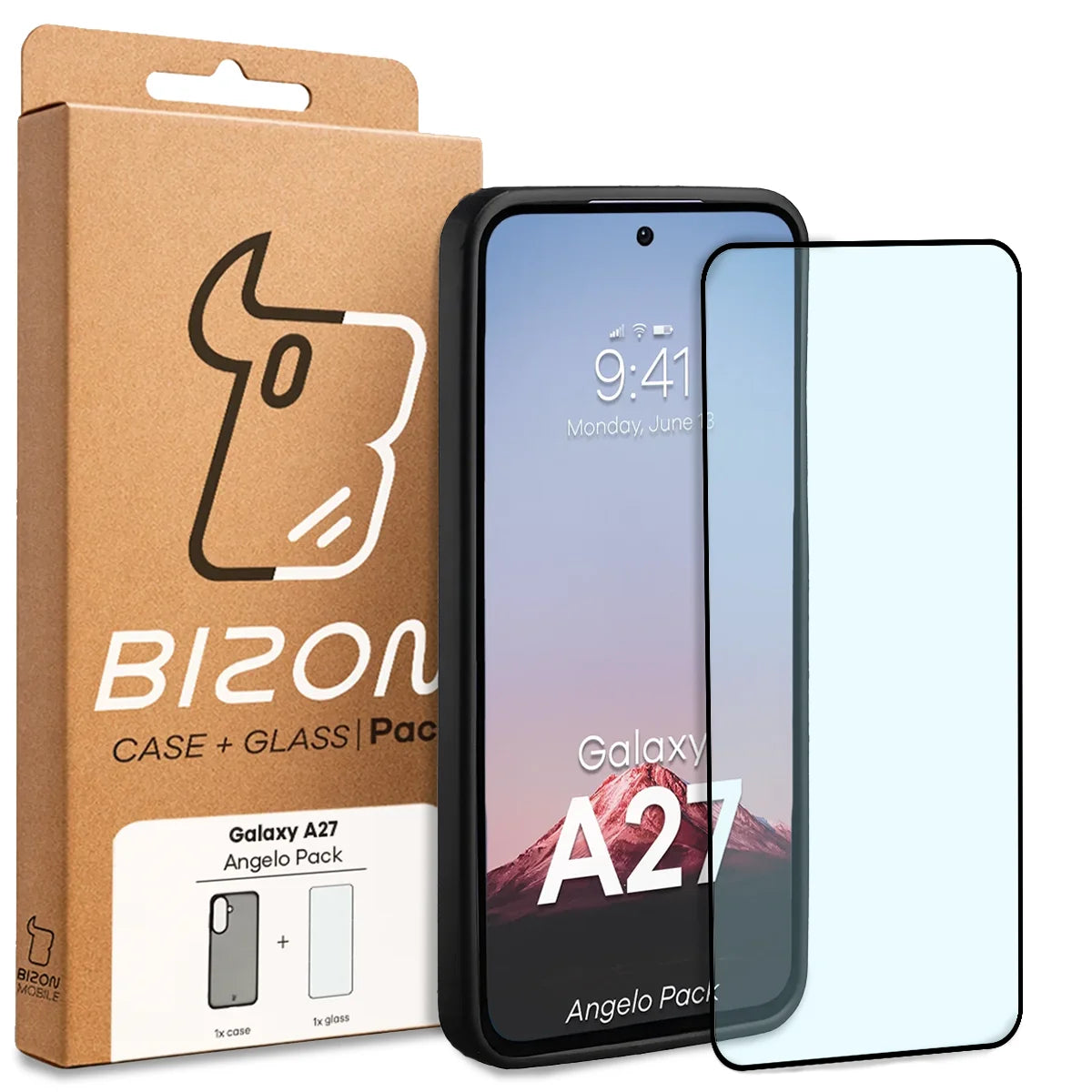 Schutzhülle + gehärtetem Glas für Galaxy A27 5G, Bizon Angelo Pack, Getönte mit schwarzem Rahmen