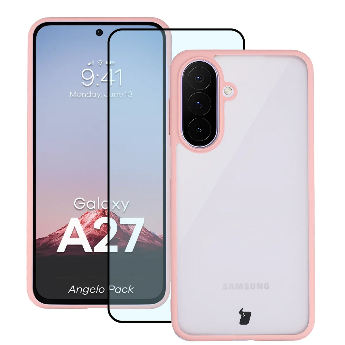 Schutzhülle + gehärtetem Glas für Galaxy A27 5G, Bizon Angelo Pack, Semitransparent mit hellrosem Rahmen