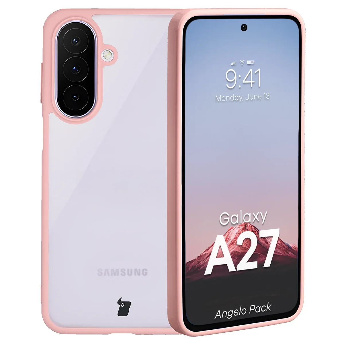 Schutzhülle + gehärtetem Glas für Galaxy A27 5G, Bizon Angelo Pack, Semitransparent mit hellrosem Rahmen