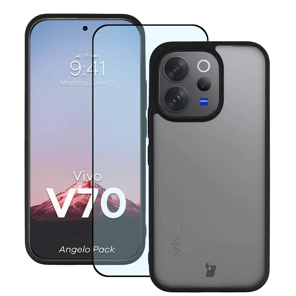 Schutzhülle + gehärtetem Glas für Vivo V70 5G, Bizon Angelo Pack, Getönte mit schwarzem Rahmen