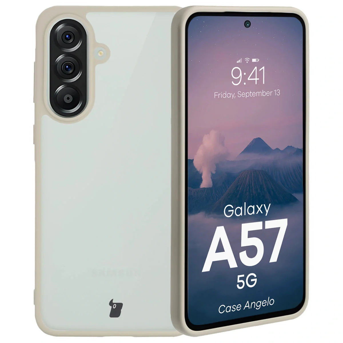 Handyhülle für Galaxy A57 5G, Bizon Case Angelo, Semitransparent mit beigem Rahmen