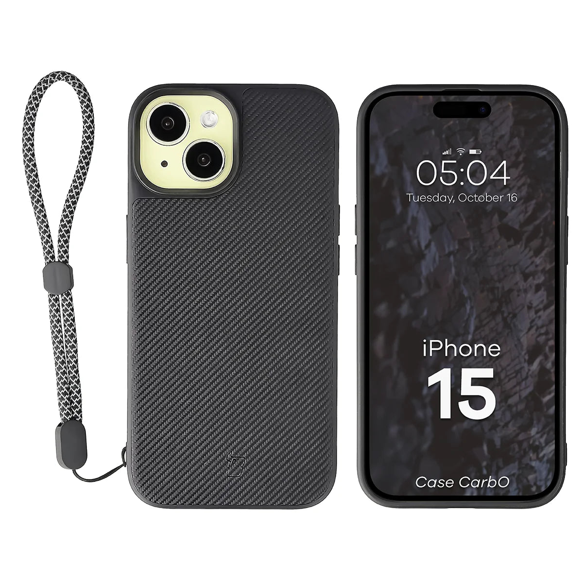 Hülle mit Handgelenkband für iPhone 15, Bizon Case CarbO, Schwarz
