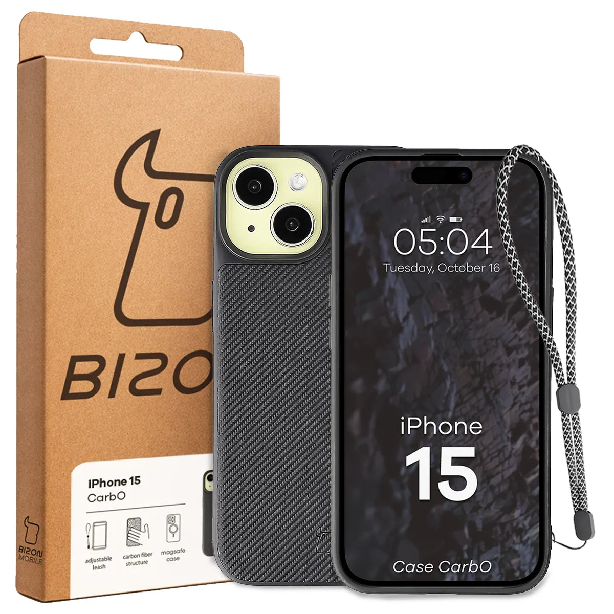 Hülle mit Handgelenkband für iPhone 15, Bizon Case CarbO, Schwarz