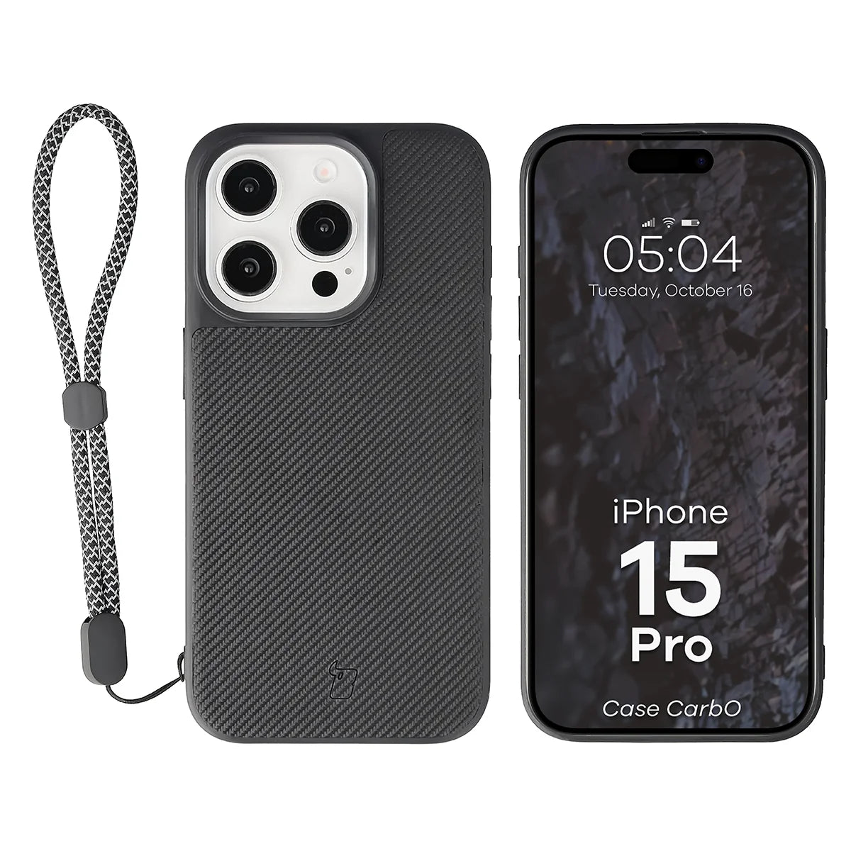 Hülle mit Handgelenkband für iPhone 15 Pro, Bizon Case CarbO, Schwarz