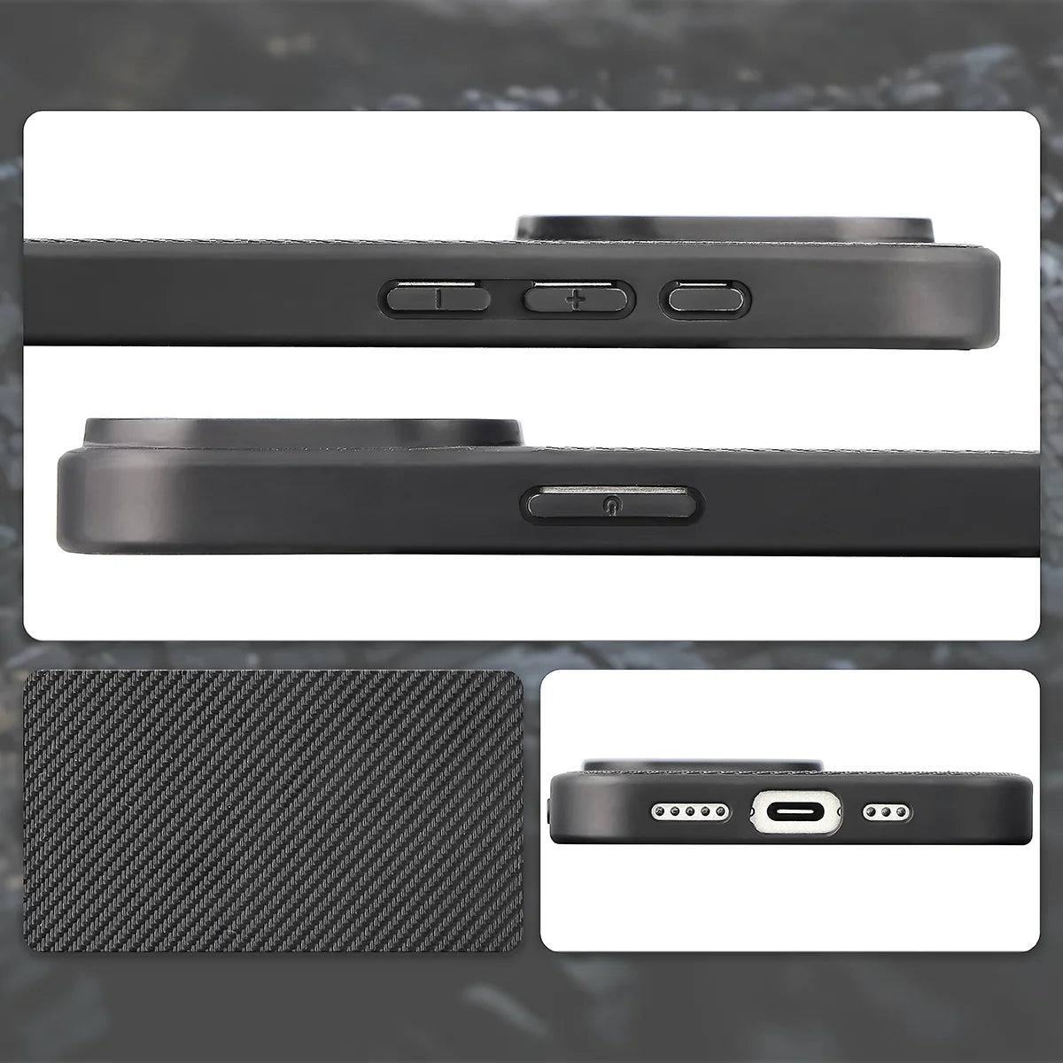 Hülle mit Handgelenkband für iPhone 15 Pro, Bizon Case CarbO, Schwarz